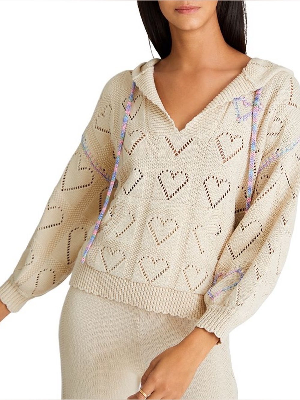 LoveShackFancy tan Heart Eyelet sweatsuit with sweatshirt and sweatpants